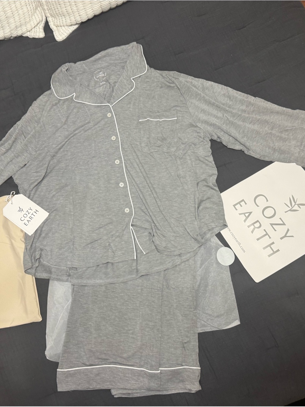 Cozy Earth Bamboo Stretch-Knit Long Sleeve Long Pants Pajama Set Gray XXL